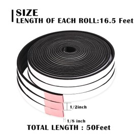 1/2 Inch Wide x 1/8 Inch Thick Single Sided Foam Tape,Black Foam Weather Stripping,High Density Window Seal Strip for AC Filters,Soundproof Foam Insulation Strips,Closed Cell Weatherstrip 50 Feet