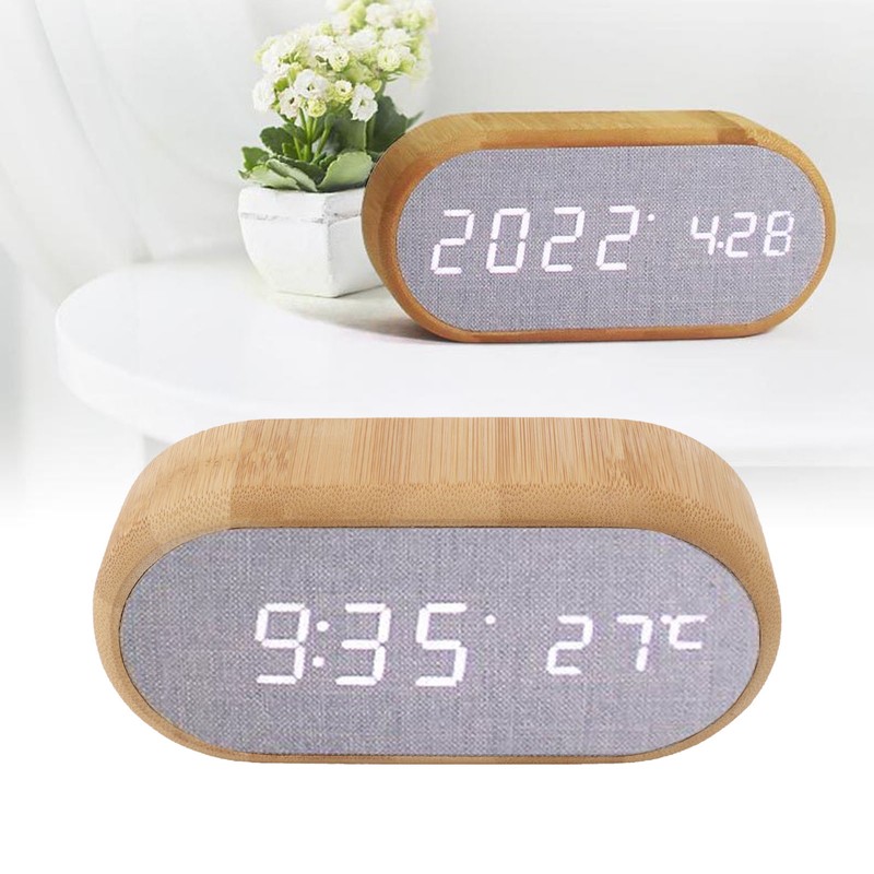 Wooden Alarm Clock Digital Voice Control LED Glowing USB Plug