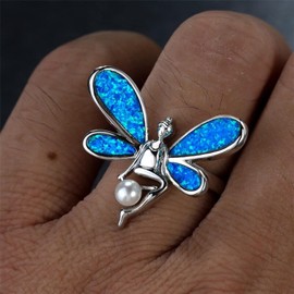 Anillo De Ópalo Azul Blanco Vintage para Mujer, Anillo De Compromiso De Color Rosa Y Dorado Y Plateado, Anillos De Boda De Perlas con ala De Hada para Mujer