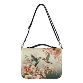 ZIATUBLES Retro Flower Hummingbird Print Bible Cover Case with Shoulder Strap Faux Leather Book Carrying Case for Women Men Church Bible Bag Scripture Protector Book Organizer Holder, XL