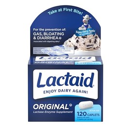 Lactaid Original Strength Píldoras para Intolerancia a la Lactosa, 9000 FCC Enzima Natural de Lactasa para Alivio Lácteo, Ayuda a Prevenir Gases, Hinc