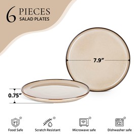 E-far 7.9” Ceramic Salad Plates Set of 6, Reactive Glaze Stoneware Dishes, Round Dessert Plate for Home Kitchen Restaurant, Microwave & Dishwasher Safe – Sandy Beige