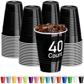 DecorRack 40 Party Cups 12 oz Disposable Plastic Cups for Birthday Party Bachelorette Camping Indoor Outdoor Events Beverage Drinking Cups (Black, 40)