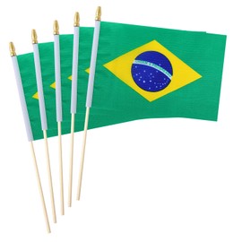 5 Pack Brazil Brazilian Small Mini Wood Hand Held Stick Flag,Suitable For Various Holiday Parties, World Cup, National Day, And National Flag Day.