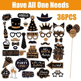 Pack of 36 Photo Props Unisex Photo Box Accessories Birthday with Moustache Glasses Lips Hats and More Photo Box Props Photo Box Accessories Wedding Gold for Birthday Wedding Graduation Party
