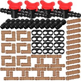 64 Pcs Drip Irrigation Fittings Kit 1/2 Inch Tubing Set Including 4 Switch Valve, 12 Elbows, 12 Couplings, 12 End Cap Plugs, 12 Tees and 12 End Closures Drip for Compatible Drip or Sprinkler Systems
