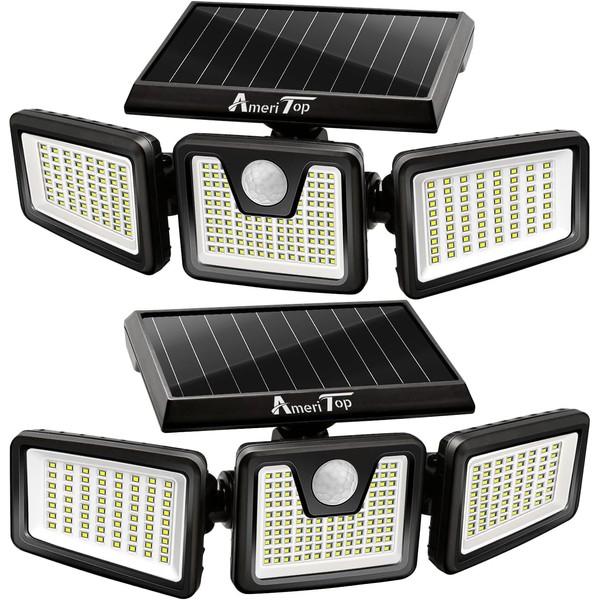 AmeriTop Solar Lights Outdoor, 2 Pack High Brightness 128 LED Cordless Solar Motion Sensor Lights; 3 Adjustable Heads, 270°Wide Angle Illumination, IP65 Waterproof, Security LED Flood Light(Daylight)