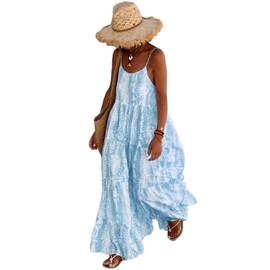 PRETTYGARDEN Women’s Summer Casual Loose Sleeveless Floral Sundress Spaghetti Strap Tiered Maxi Dress Flowy Beach Dresses (Sky Blue, Small)