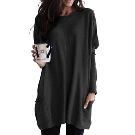 SHEKINI Womens Oversized Lightweight Tunic Tops Crew Neck Casual Jumper Loose Fit Long Sleeve Pullover with Pockets S-3XL Black