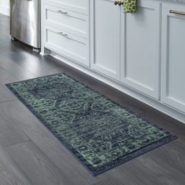 Maples Rugs Georgina Traditional Runner Rug – Made in USA – Washable, Non Slip Indoor Carpet for Hallway, Kitchen, and Laundry Room, 1'8 x 5', Navy Blue/Green