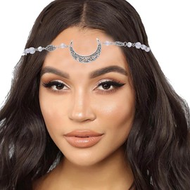Blindery Boho Head Chain Crescent Headpiece Hollow Hair Chain Moon Head Chain Rhinestone Prom Headbands Festival Costume Hair Accessories for Women (silver white)