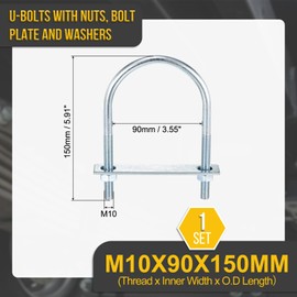 DTGN M10x90x150mm U Bolts Round Kit - 1Set - Carbon Steel U-Bolt Kit with Nuts, Washers, Frame Plate - Good for DN80 Pipe, Trailer, Automotive, Leaf Spring Fastener