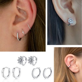 Sterling Silver Hoop Earrings for Women, 3 Pairs Small Huggie Hoop Earrings Set | Hypoallergenic Flower Cubic Zirconia Hoops Earring Jewelry for Men Girls, (8mm*3)
