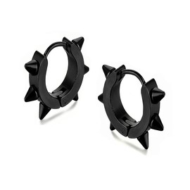 BIYONGDE Mens Womens Huggie Hinged Hoop Black Earrings, Spiked Rivets Stainless Steel, Punk Rock Hiphop