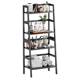 HITNET Black Bookshelf, 4-Tier Ladder Shelf, Freestanding Leaning Bookcase with Bamboo Shelves, Space Saving Flower Plant Stand for Small Space
