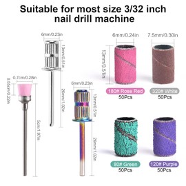 KAZIPOP 200Pcs Nail Sanding Bands 4 Color Sand Set 80#120#180#320# Sanding bit with 2 Pcs Nail Drill Bits and 1 Cleaning Brush Nail File Sanding Bands for Acrylic Nails Gel Removing Shaping Polishing