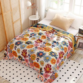 Boho Muslin Blanket for Adults 6-Layer Gauze 80 x 90 Inches Soft Cozy 100% Cotton Summer Blanket Daisy Floral Decor for Sofa Bed Coverlet Both Sides (Daisy Floral, 80 x 90 in)