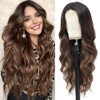 PORSMEER Long Wavy Brown Wig, 66 cm Centre Parting Curly