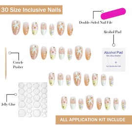 3D Medium Press on Nails Almond OFDNE French Tip Fake Nails Flower False Nails with Designs Pink Floral Starfish Yellow Glossy Glue on Nails Summer Stick on Nails for Women Girls 30Pcs