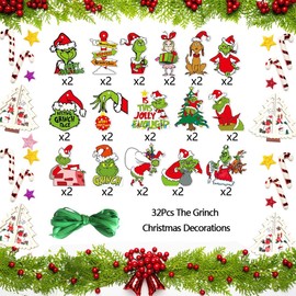 32Pcs Grinch Christmas Decorations, Christmas Tree Ornament Grinch Pendants for Hanging on Xmas Tree, Winter Holiday Party Supplies (32pcs)