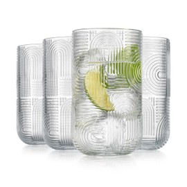 Glaver's Highball Glasses, 17 Ounce Embossed Designed Set of 4 Clear Kitchen Glassware For Home Bar Everyday Elegant Serving Coolers Urban Pattern Modern Drinking Glasses