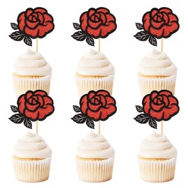 Keaziu 24 Pcs Rose Flower Cupcake Topper Picks Red Roses Flower Double Layered Design for Wedding Anniversary Mother's Day Valentine's Day Cupcake Decoration Red