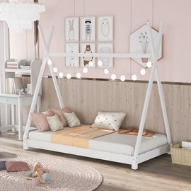 Merax Twin Size Wooden House Platform Bed with Triangle Structure, Children House Bunk Bed Can Be Decorated (White)