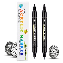 Dual-Tip Black Paint Marker Pen Permanent, 2 Pack Water Based Acrylic Markers, Bold and Fine Dual-Tip Paint Pen, Quick Drying, Waterproof for Rock, Wood, Plastic, Metal, Canvas, Glass, Fabric, Mugs