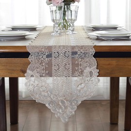 auons Champagne Lace Table Runner Macrame Floral Embroidered Table Dresser Scarf Vintage Chic Elegant Table Runner for Home Wedding Party Banquet Table Decor, 12 x 48 Inch
