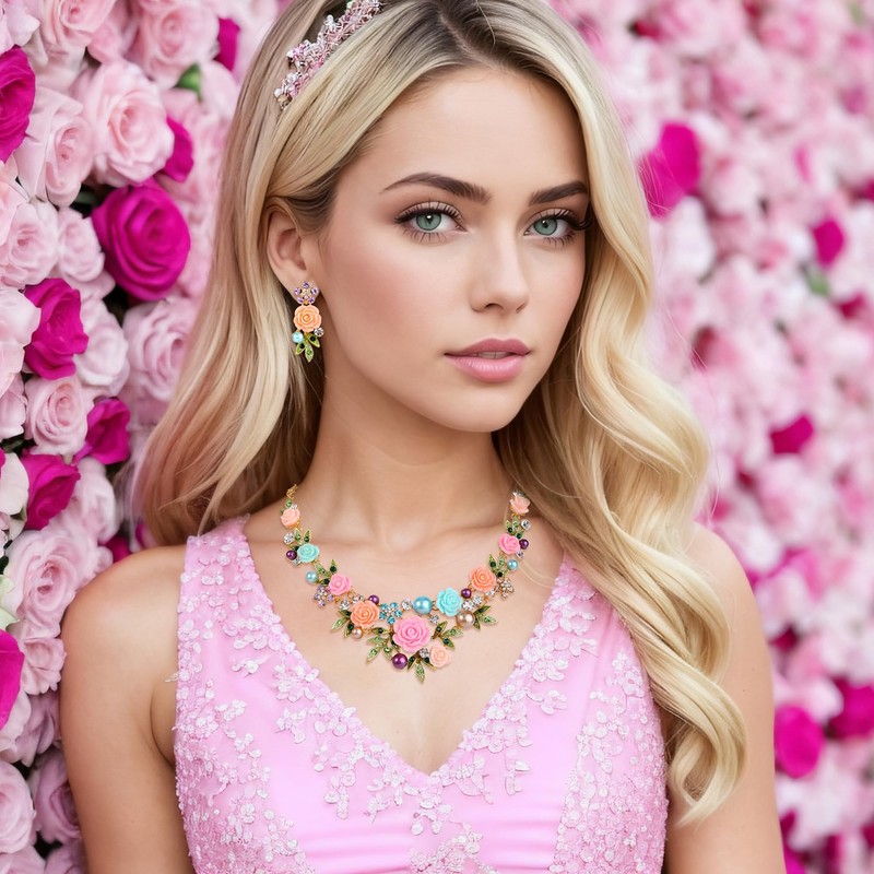 Ever Faith Crystal Simulated Pearl Rose Flower Leaf Necklace Pierced