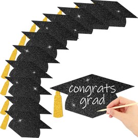 70Pcs Glitter Black Gold 2025 Graduation Hat with 80Pcs Glue Points Grad Cap Confetti Table Decor for Graduation Party Supplies 5.7 Inch