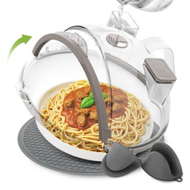 SESENSE Microwave Splatter Cover Set - Microwave Cover for Food with Water Steamer, 12'' Splatter Guard With Silicone Microwave Mat and 2 PCS Oven Mitts, 12 inches Grey