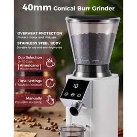 Tuni G1 Conical Burr Coffee Grinder, 48 Grind Settings Anti-static Burr Mill, Precision Electronic Timer and LED Touchscreen for Espresso/Drip/Cold Brew/French Press, Stainless Steel, Ivory