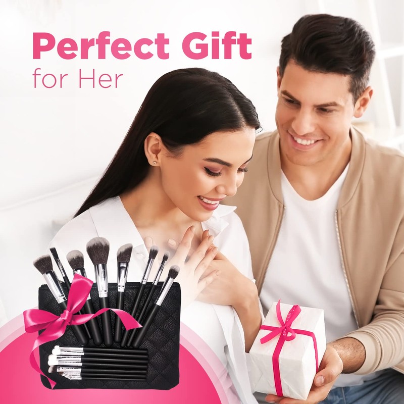 15pc Makeup Brush Set, Black & Silver with Black Bag