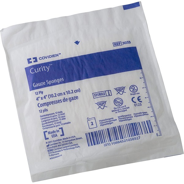 Covidien 3033 Curity Gauze Sponge, Sterile 2's in Peel-Back Package, 4" x 4", 12-ply (Pack of 50)