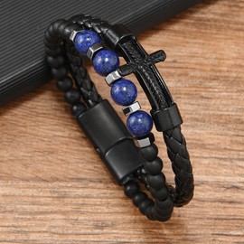FYNSBLE Black Cross Bracelet for Men, Lapis Lazuli Beaded Leather Bracelet Jewelry Gift for Men Father