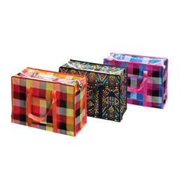 Cotton Fly Set of 3pc Thick,Strong & Durable Storage Laundry Shopping Bags W. Zipper,Side Pocket with strong Handle for Travelling,Moving,Camping,Size:19.75L X 14H X 7.5W Inch Assorted Design & Colors