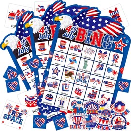 39Pcs 4th of July Bingo Game for Adults Kids 24 Players Eagle Shape Bingo Game Cards with Reward Stickers for Family Friend Student Large Group Activities Independence Day Patriotic Party Favors