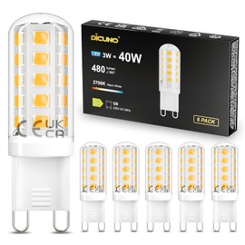 DiCUNO G9 LED 3 W, warm white 2700 K, replaces 30 W-40 W halogen bulb, 480 lm, ultra-efficient LED bulb, energy efficiency class C, flicker-free, non-dimmable, pack of 6