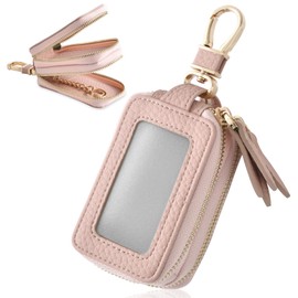 Shirizu Smart Key Case, Storage for 2 Pieces, Smart Key Cover, Leather 2 Pieces, Mini Wallet, Key Case, For Men and Women, Clear Window, 2 Smart Key Case, Carabiner Included, beige pink, Free size