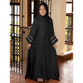 IDOPIP Muslim Dress for Girls Islamic Prayer Abaya with Hijab Ramadan Dubai Outfits Kids Long Sleeve Maxi Chiffon Cardigan Kaftan Robe Dresses Arabian Full Cover Modest Clothes Sets Black 7-8 Years