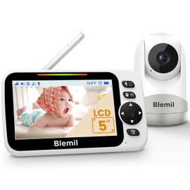 Blemil Baby Monitor with 30-Hour Battery, 5" Large Split-Screen Video Baby Monitor with Camera and Audio, 3500mAh Battery, Remote Pan/Tilt/Zoom Camera, Two-Way Talk, Night Vision, Lullabies, No WiFi