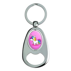 GRAPHICS & MORE Cute Kawaii Rainbow Unicorn Chibi Keychain Chrome Metal Spinning Oval Bottle Opener