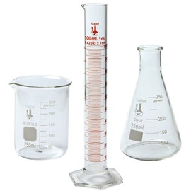 Beaker, Flask, Cylinder Set, 3.3 Boro. Glass - 3 Pieces - 250ml Beaker, 250ml Flask and 100ml Cylinder, Karter Scientific 214Z2