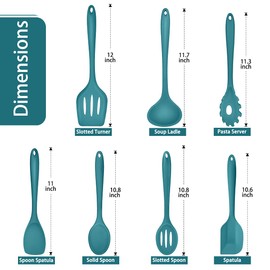 Silicone Blue Kitchen Utensils Set of 7, P&P CHEF Heat-poof Cooking Cook Utensil for Home Kitchen Camping, Smooth Head to Protect Coated Cookwares, Slotted Turner, Soup Ladle, Spatula, Spoon