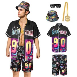 90s Shirts For Men, Hippie Shirt Short Pant Mens Retro Disco Party Hawaiian Button Shirts And Shorts Set Rocker Themed