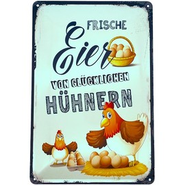 Tin Sign 18 x 12 cm Chickens with German Text "Frische Eier von Glückliche Hühner" [German Language] DekoNo7