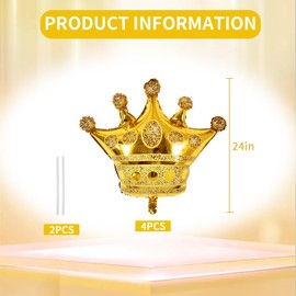 Vuzvuv 4 Pcs Crown Balloons 24 Inch Gold Crown Shaped Foil Mylar Balloons for Anniversary,Baby Shower,Wedding,Girls Birthday Decorations