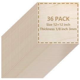 36 Pack Basswood Sheets 1/8 inch, 3mm Basswood for Laser Cutting, 12 x 12 inch Wood Slabs for Crafts, DIY Architectural Models Making, Wood Engraving, Staining，Wood Burning