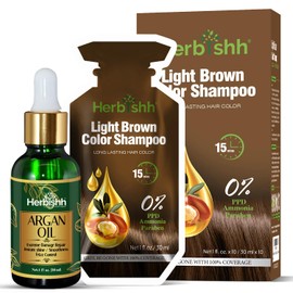 Herbishh Light Brown Hair Dye Shampoo Kit with Argan Oil | PPD-Free 3-in-1 Hair Color + Deep Conditioner | Gray Coverage | Travel Sachets (10) + Mask + 30ml Argan Oil
